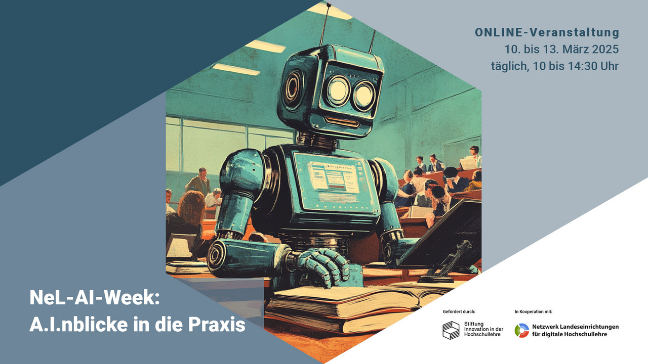 NeL-AI-Week 2025 KI-generiertes Bild von einem futuristischen Campusbau mit Studierenden an Tischen, Avataren, einem Roboter und einem Flatscreen in Form eines riesigen Smartphones