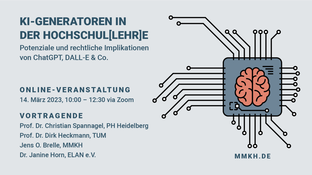 KI-Generatoren in der Hochschul(lehr)e Visual zur Online-Veranstaltung "KI-Generatoren in der Hochschul(lehr)e – Potenziale und rechtliche Implikationen von ChatGPT, DALL-E & Co." am 14. März 2023 mit Titel und Datum der Veranstaltung