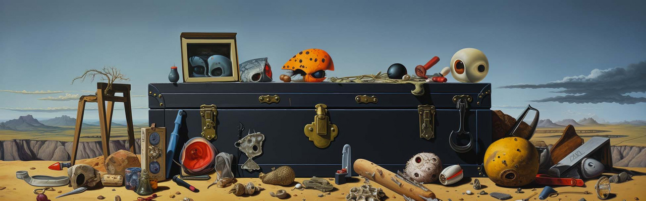 Toolbox eine blaue Kiste mit surrealistischen Gegenständen drumherum liegend