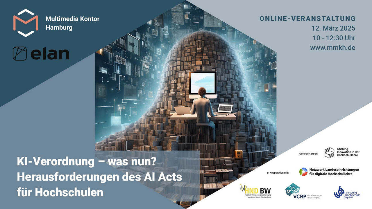 Visual zur Online-Veranstaltung "KI-Verordnung – was nun? Herausforderungen des AI Acts für Hochschulen Ein Mensch sitzt an einem Schreibtisch vor einem geöffneten Laptop mit Blick auf einen Berg von Büchern