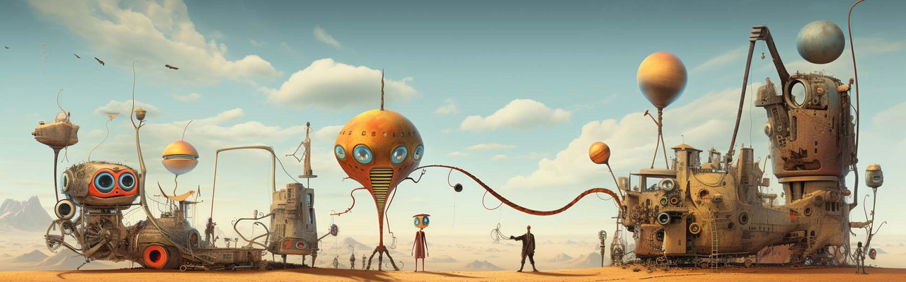 Surrealistische toolbox Eine surrealistische Landschaft mit Maschinen, Mensch und Häusern