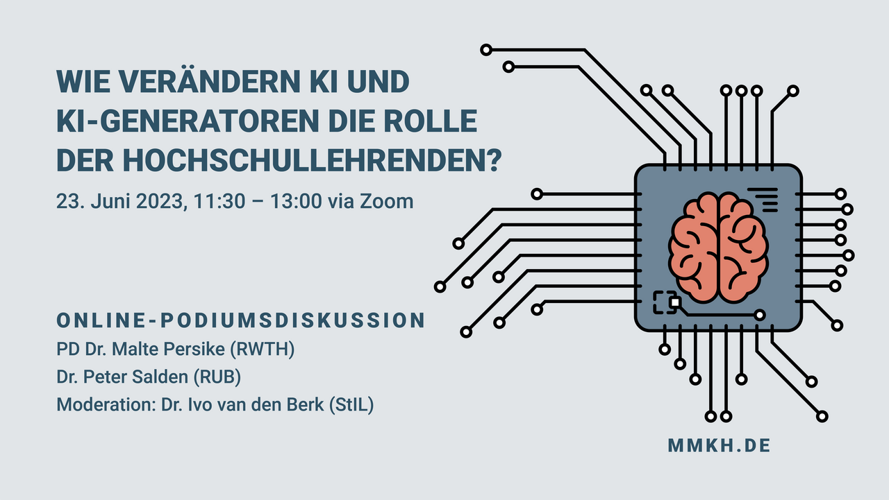KI-Podiumsdiskussion Visual zur Online-Podiumsdiskussion "Wie verändern KI und KI-Generatoren die Rolle der Hochschullehrenden?"