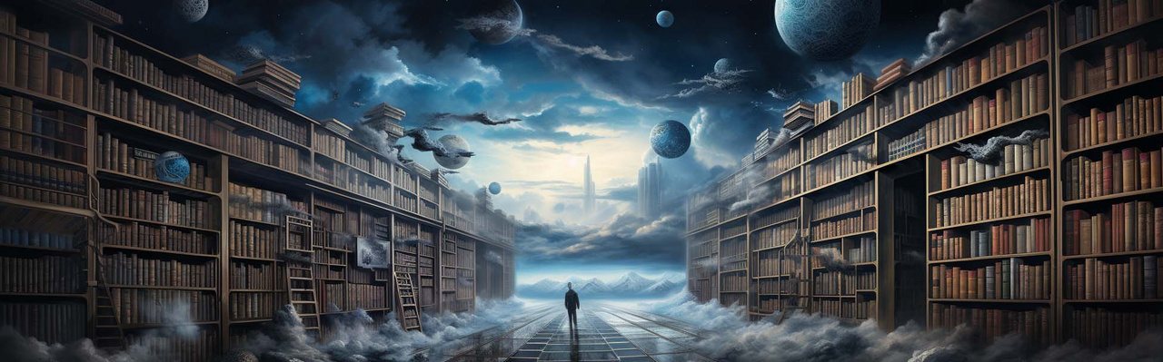 Bibliothek eine surrealistische Bibliothek mit vielen Büchern in Regalen