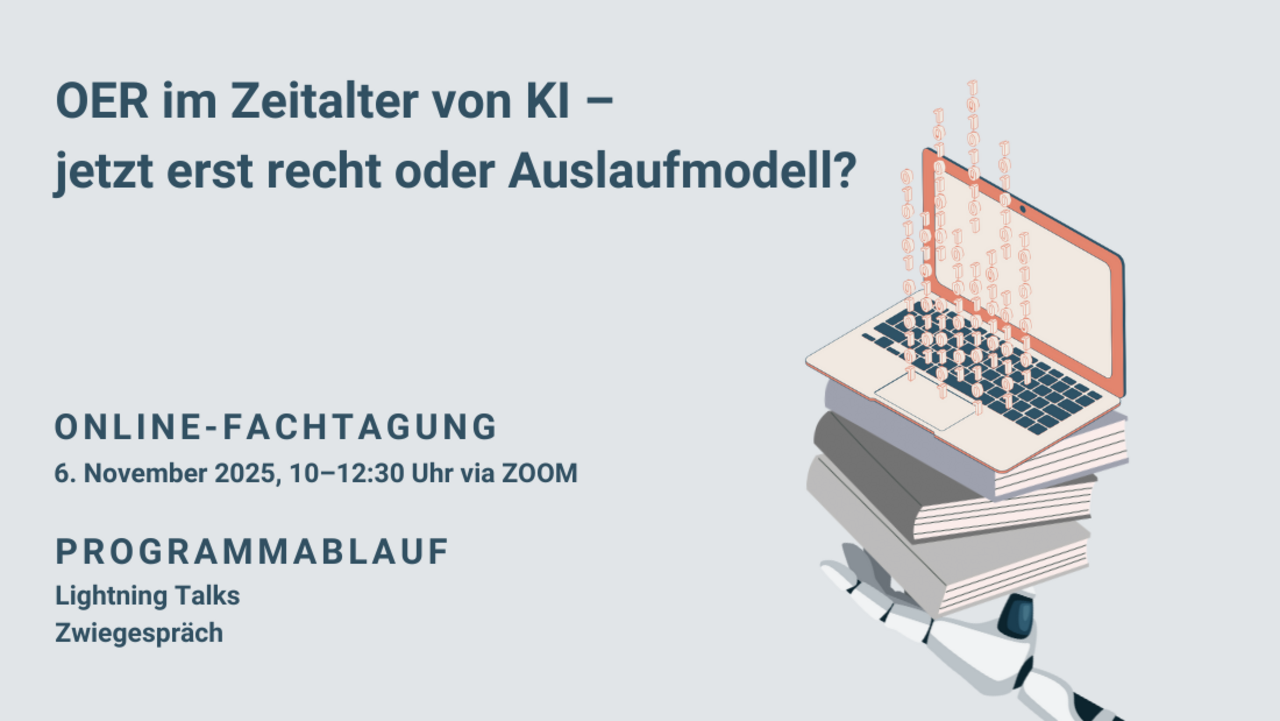 Visual mit Titel und Daten der Veranstaltung, Bildmotiv: auf einem Bücherstapel liegt ein aufgeklappter Laptop, aus dessen Tastatur Nullen und Einsen nach oben schweben