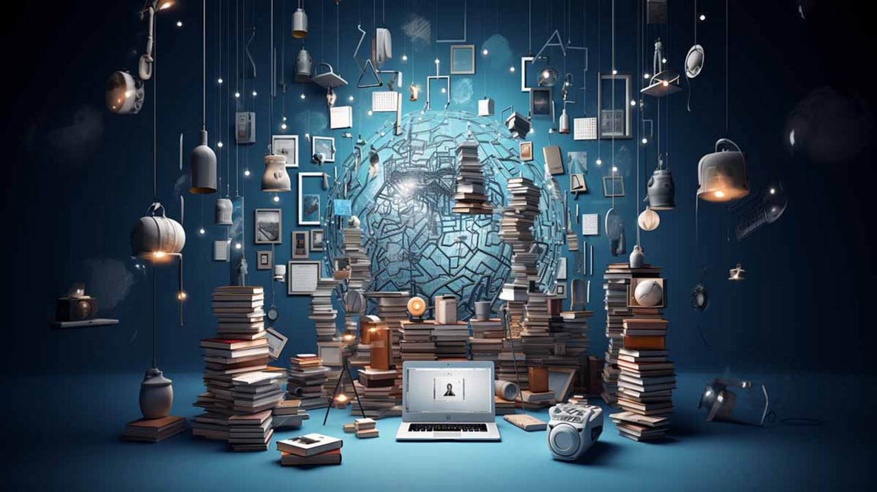 Ein aufgeklappter Laptop umringt von Bücherstapeln, KI-generiertes Bild